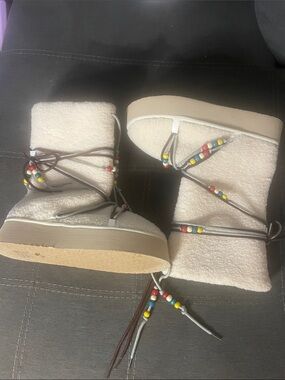 Fashion Nova Cream Sherpa Winter Boots with Multicolor Bead Accents